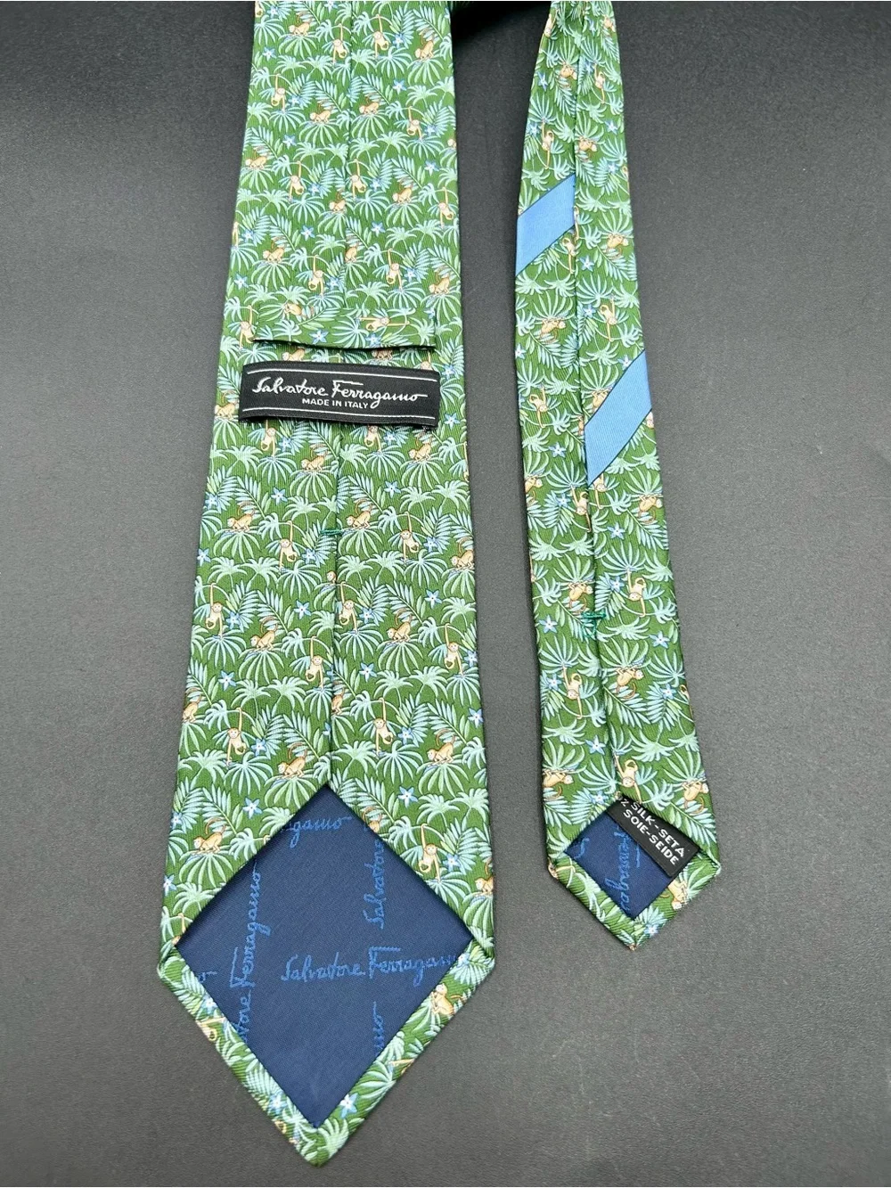 SALVATORE FERRAGAMO Silk Neck Tie - Tropical Jungle Leaf and Monkey motif.